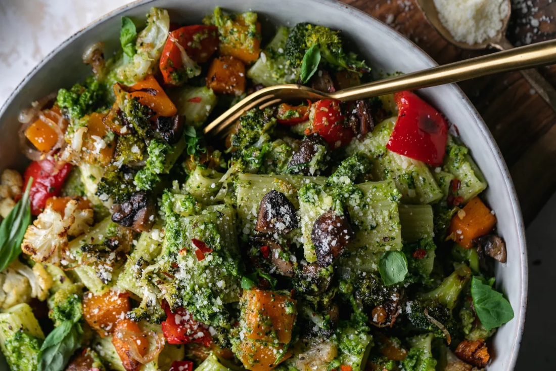 Broccoli Pesto Pasts with Roasted Vegetables